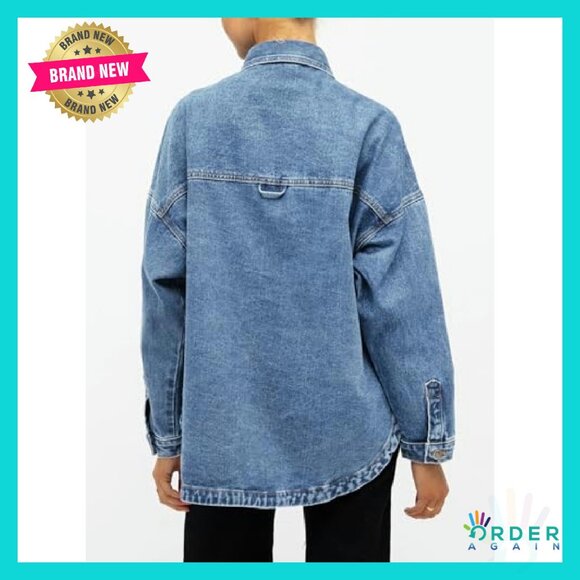 Oversized Denim Shirt Button Down Blouse Distressed Y2K Chic Fall Outfit - Picture 6 of 7